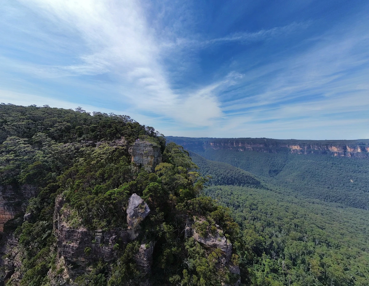 Scenic view of the forested escarpment and blue-tinged ridgelines of the Blue Mountains, Australia