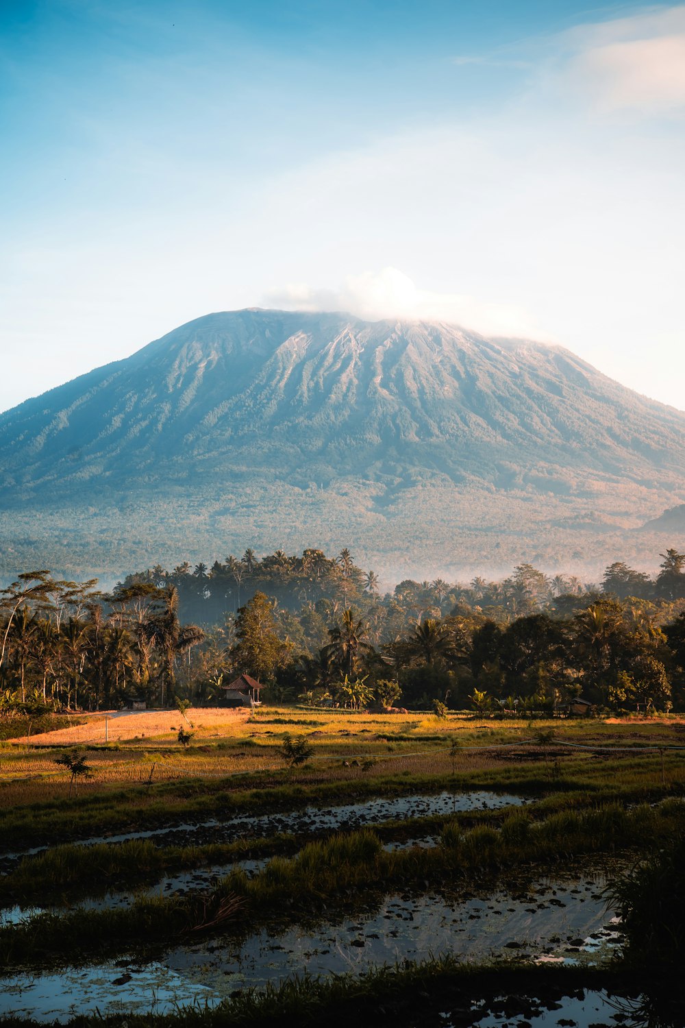 a large mountain with a very tall peak in the background