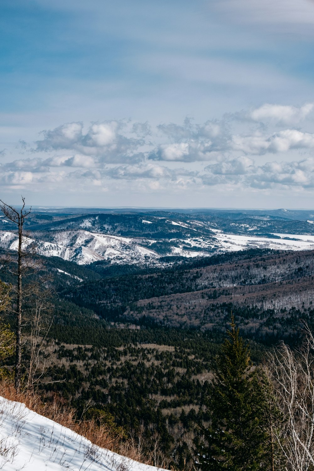 a scenic view of a snowy mountain range