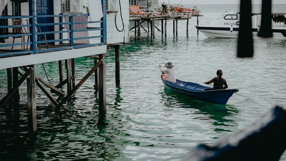 two people in a small boat in a body of water