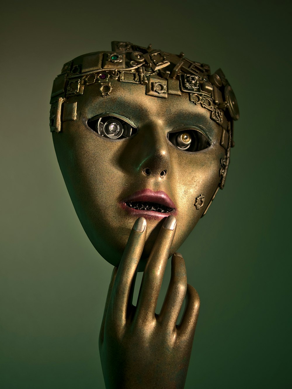 a woman's face with a gold mask on her head