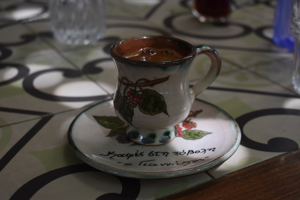 a coffee cup sitting on top of a saucer