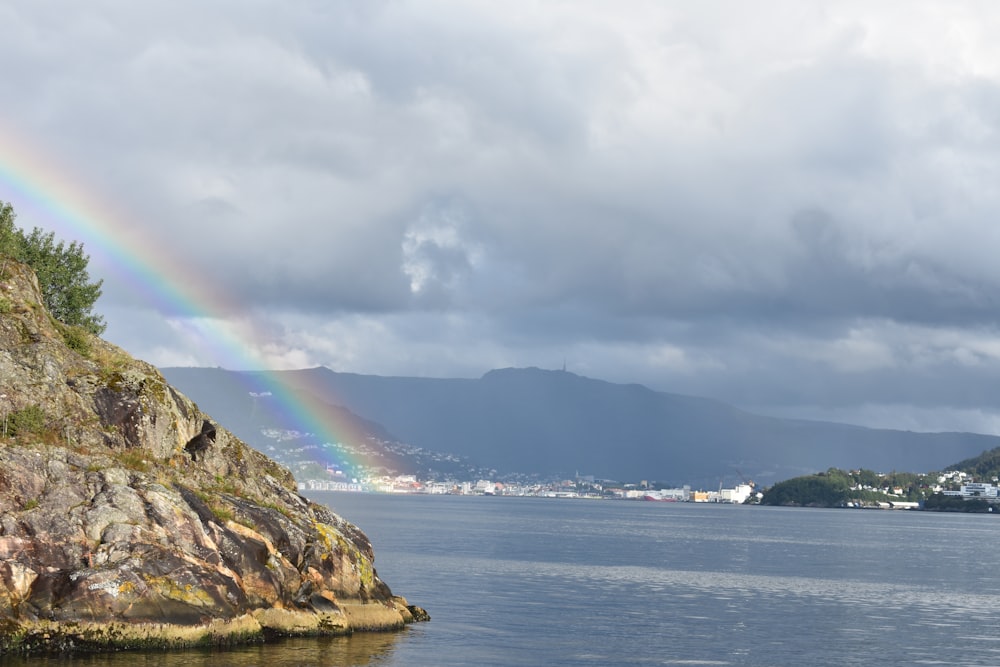 a rainbow in the sky over a body of water