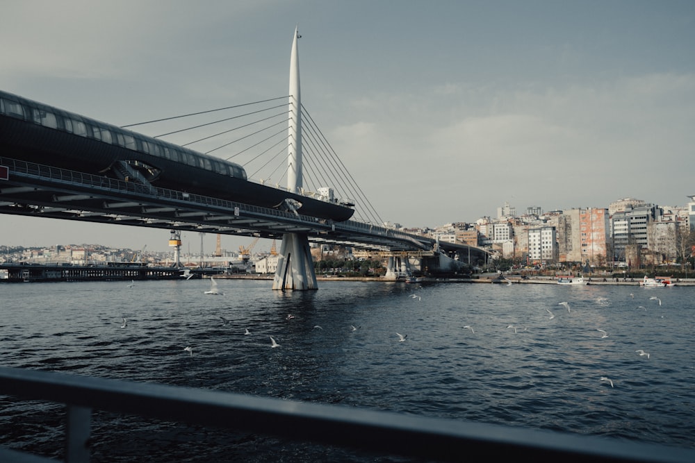 a train crossing a bridge over a body of water