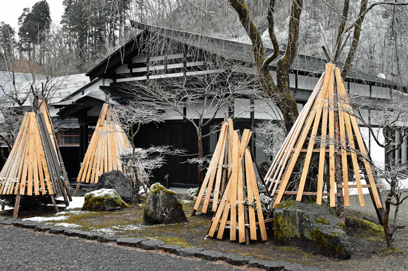 Traditional dark wooden samurai-era residence in Akita with winter snow-protection wooden cones in the garden