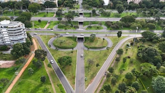 an aerial view of an intersection in a city