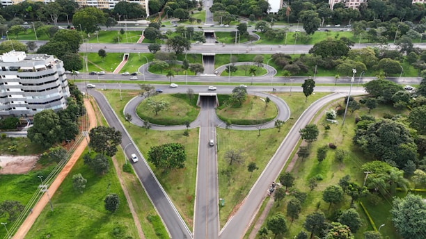 an aerial view of an intersection in a city