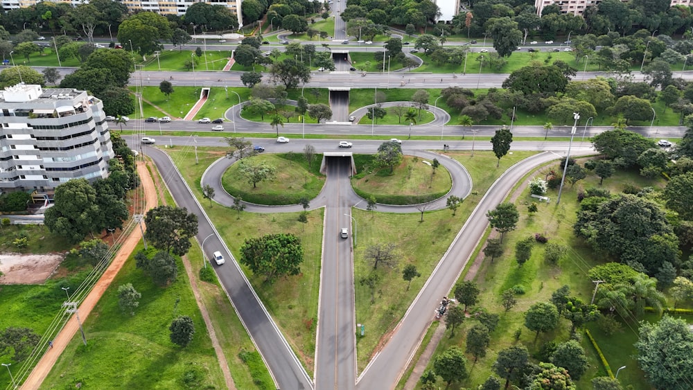 an aerial view of an intersection in a city