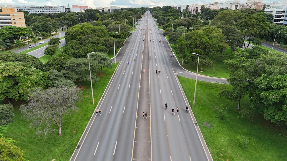 an aerial view of a highway in a city