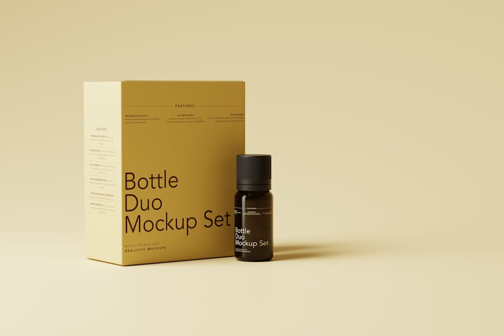 a bottle of bottle duo mockup set next to a box