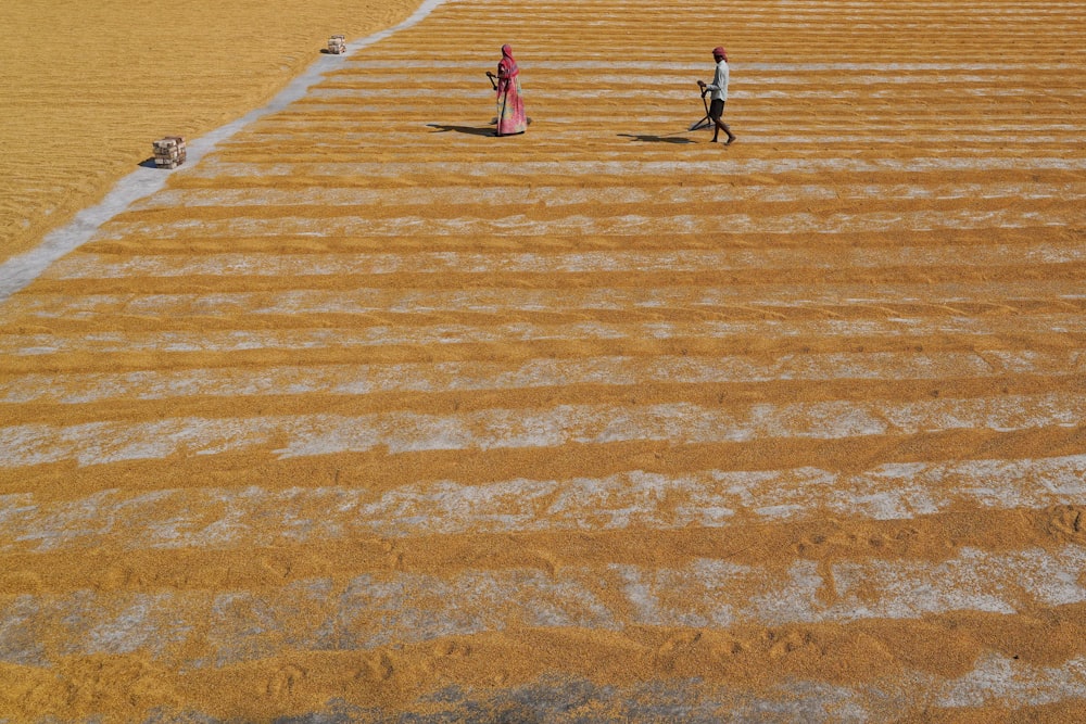 a couple of people walking across a sandy field