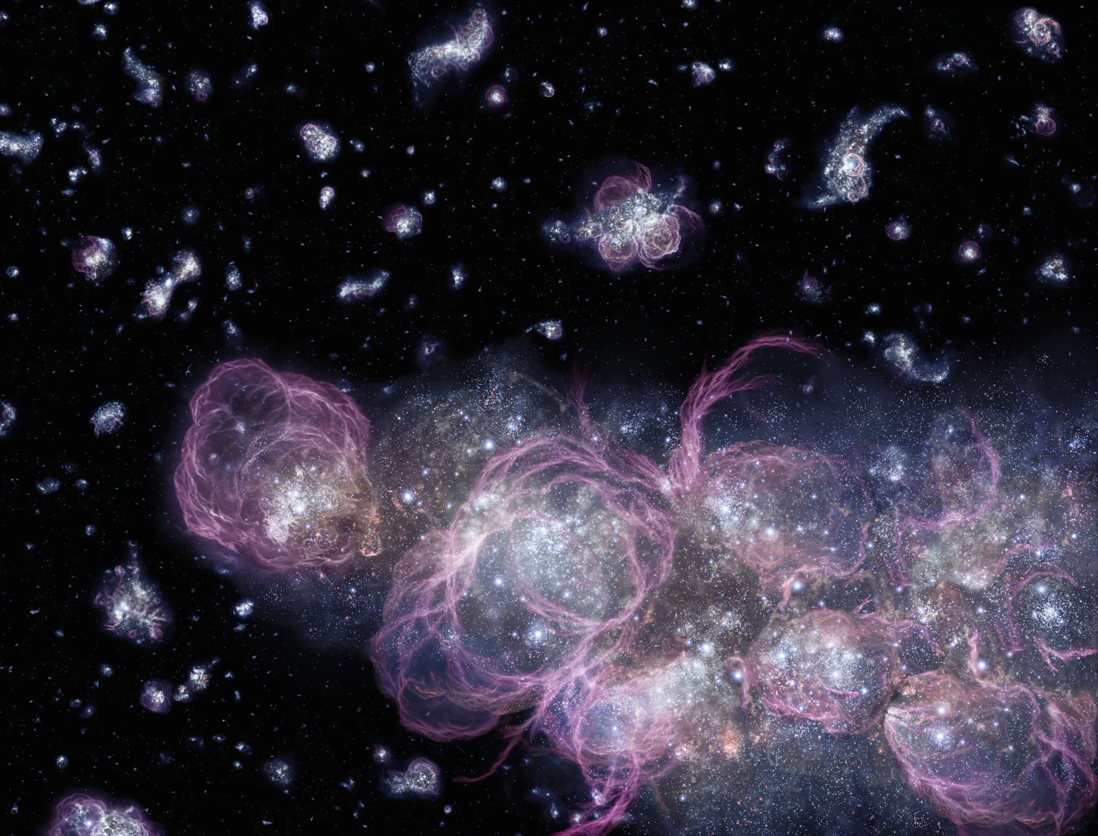 Swirling blue and purple cosmic nebula with starlight threading through intricate patterns