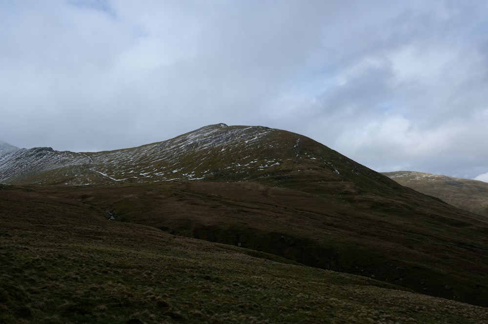 a grassy hill with a snow covered mountain in the background