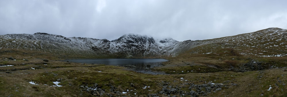 a small lake surrounded by snow covered mountains