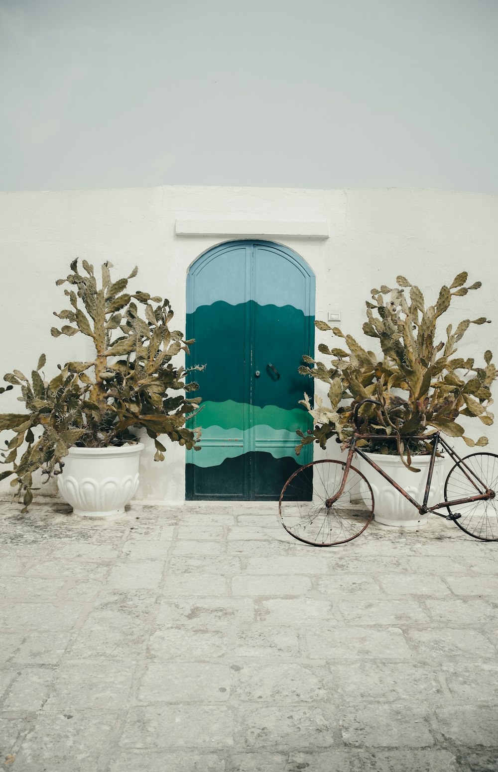a bike parked in front of a green door
