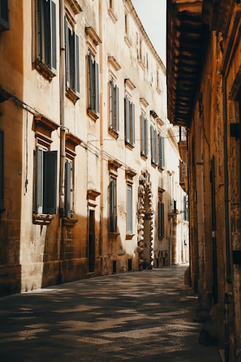 a narrow street lined with stone buildings and shutters