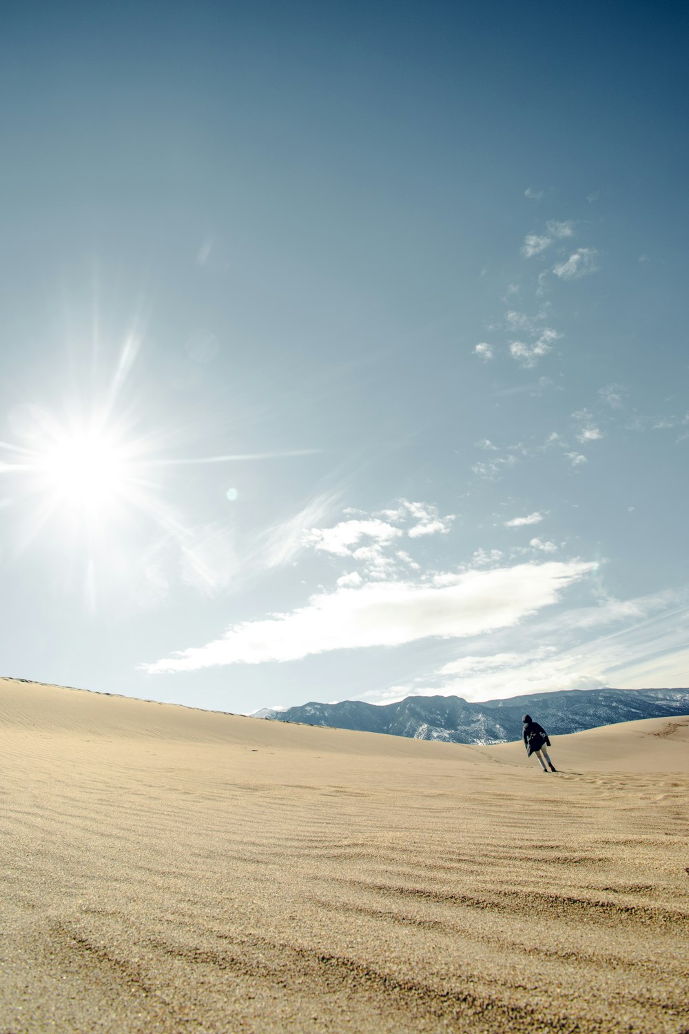 a person riding skis across a sandy field