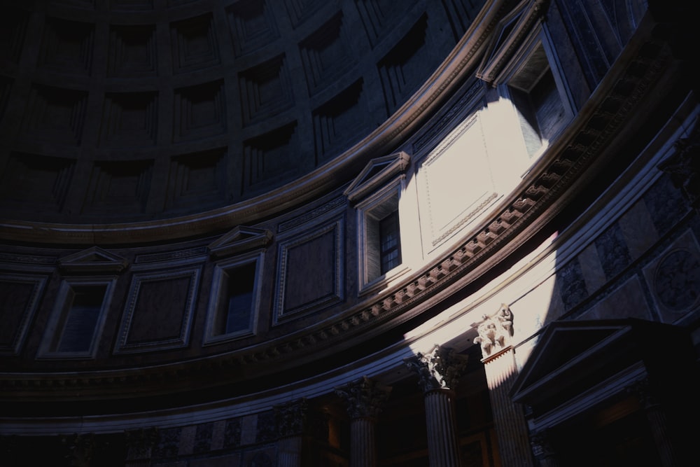 a view of a building through a round window