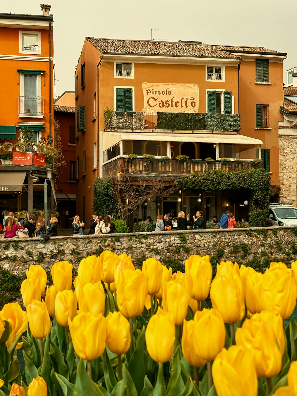 a bunch of yellow tulips in front of a building