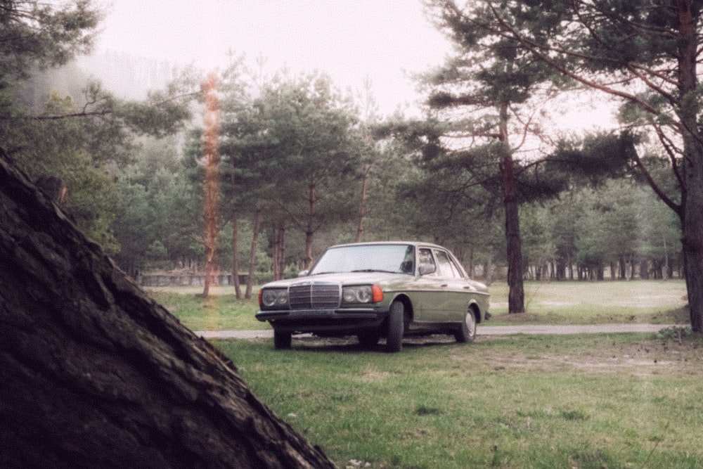 a car is parked in a wooded area