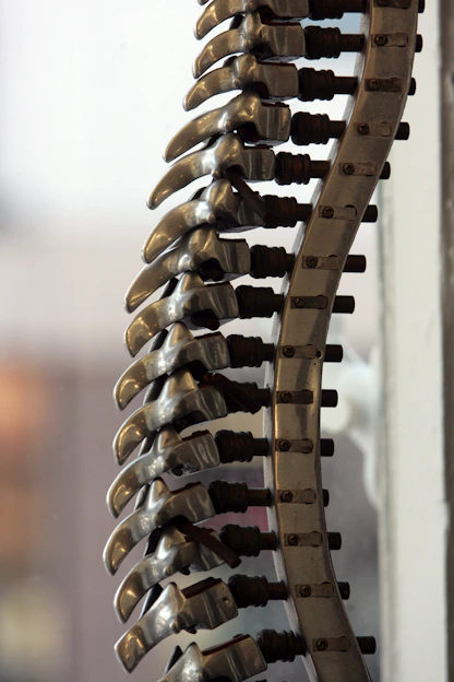 a bunch of metal objects hanging from a wall