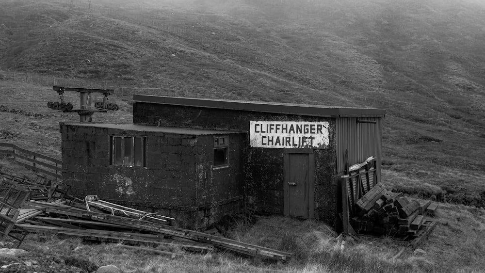 an old outhouse with a sign on it