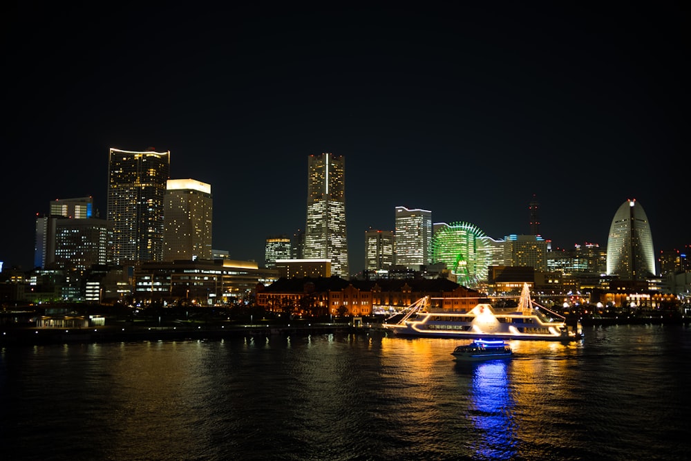 a large body of water with a city in the background