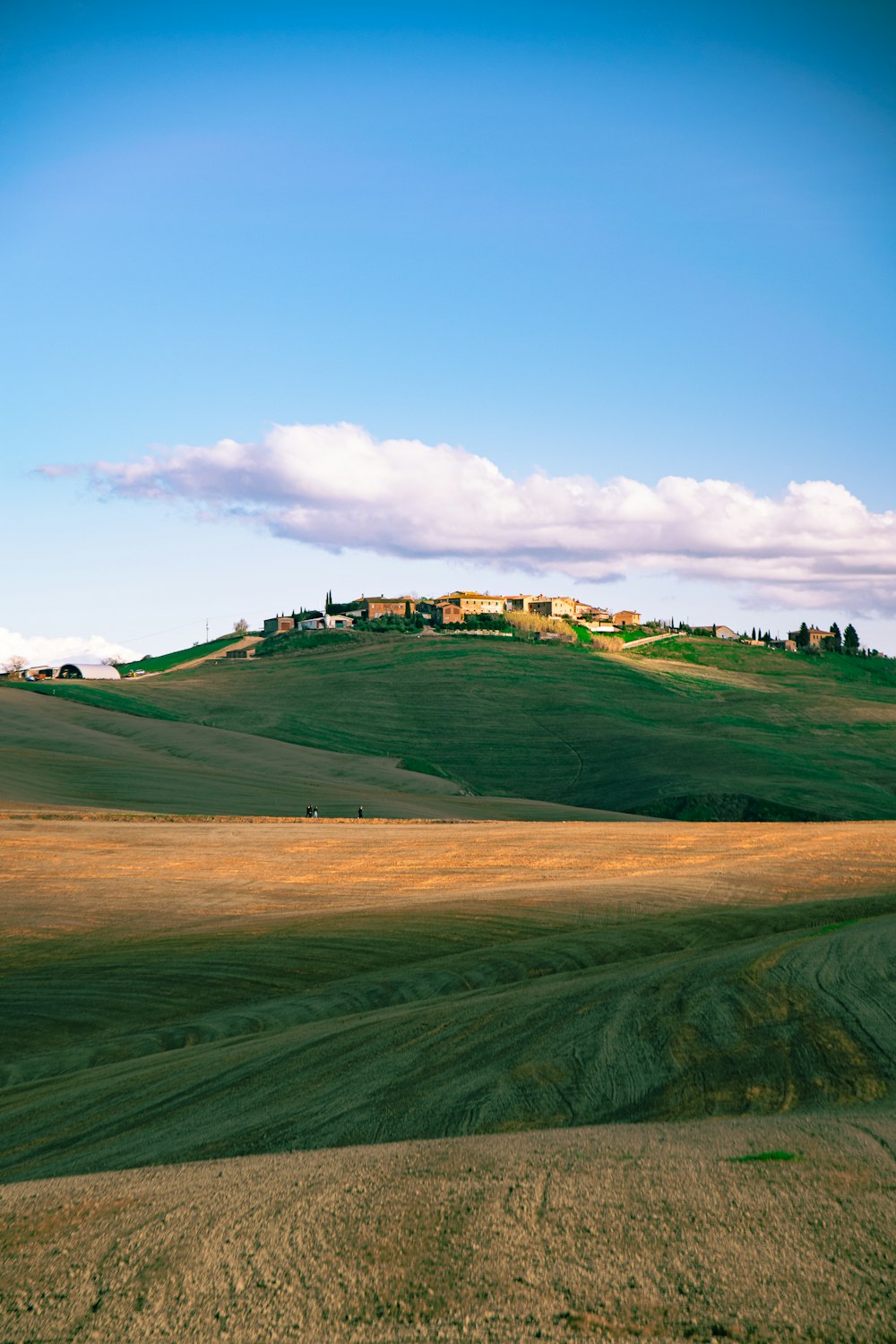 a field with a house on a hill in the distance