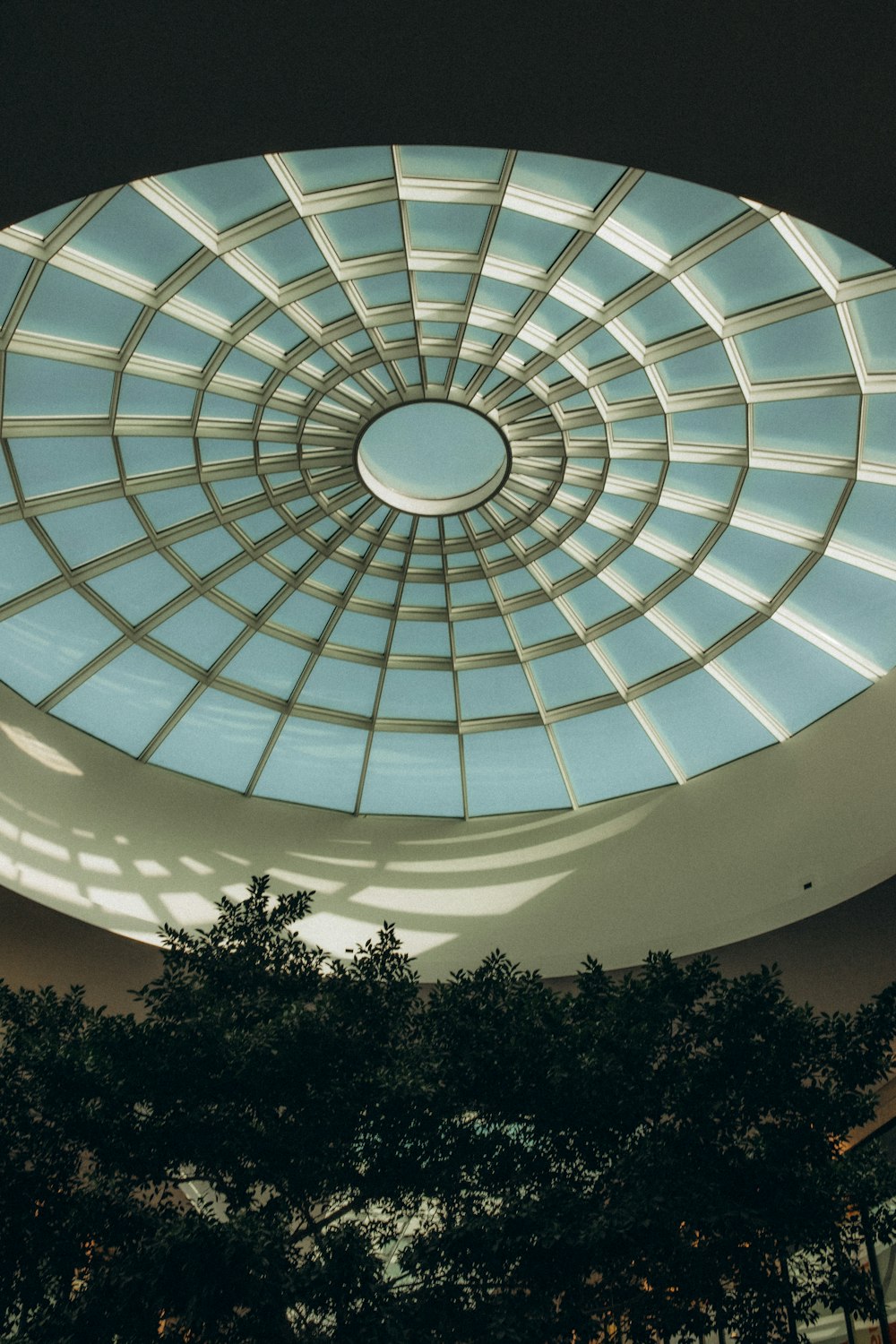 a circular glass ceiling in a building