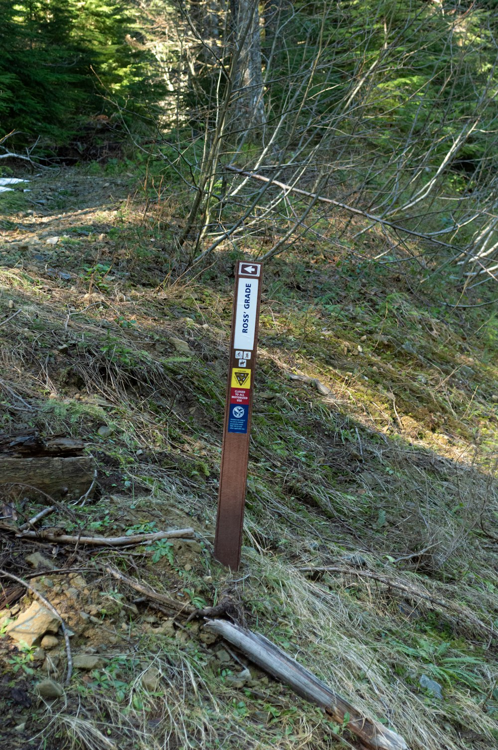 a sign on the side of a hill in the woods