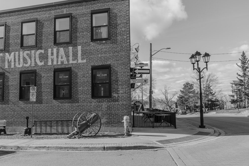 a black and white photo of a music hall