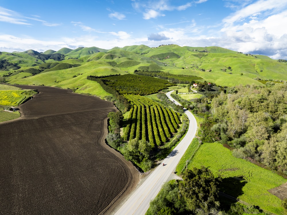 a road winding through a lush green valley