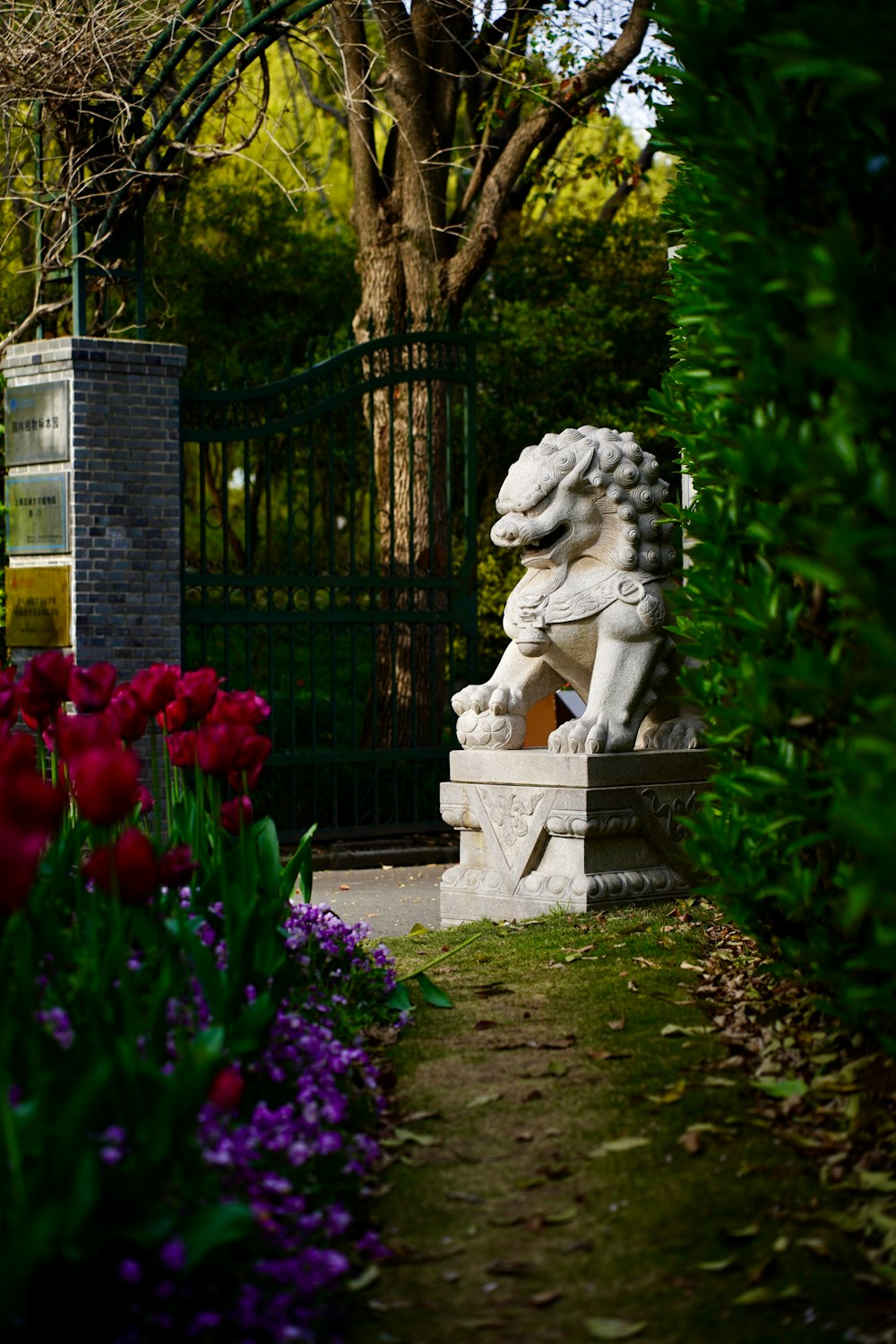 a statue of a lion in a garden
