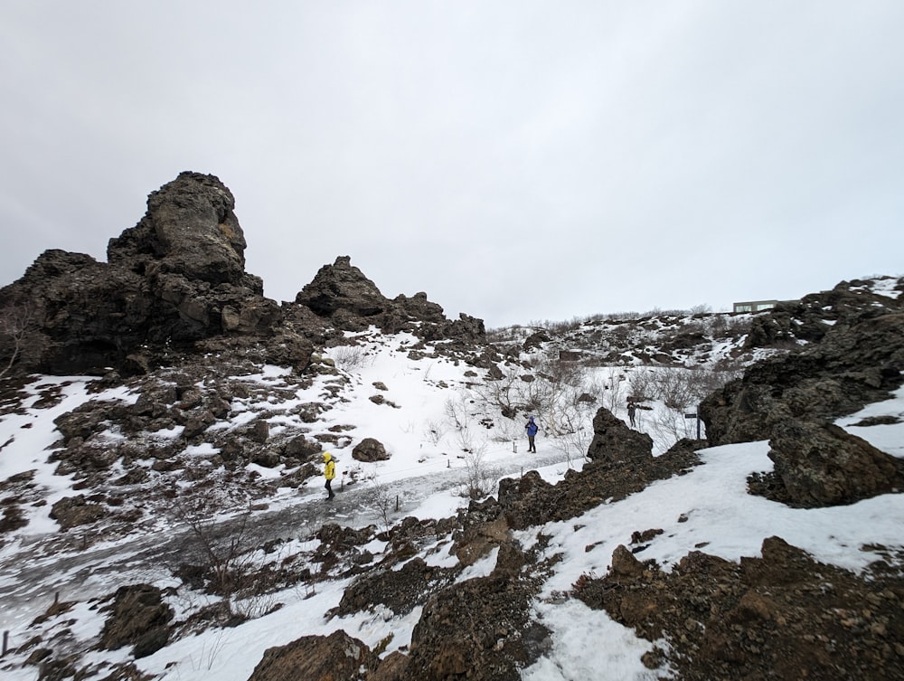 a group of people hiking up a snow covered mountain