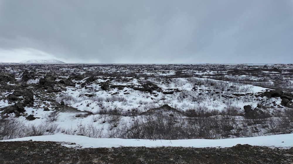 a snow covered field with a mountain in the background