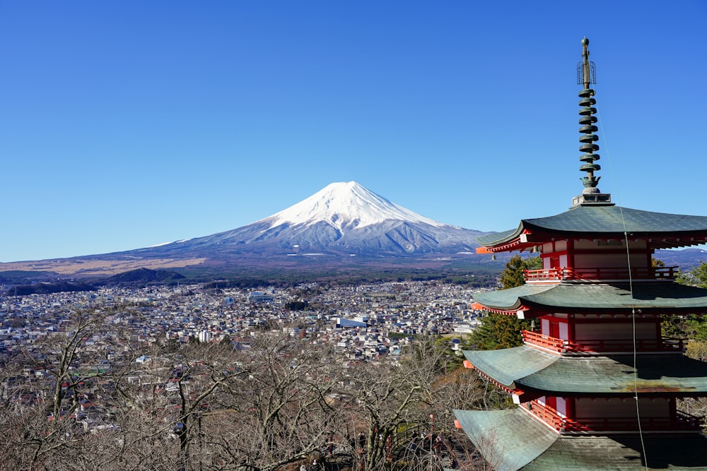 a pagoda with a mountain in the background