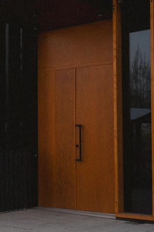 a cat sitting on the ground in front of a wooden door