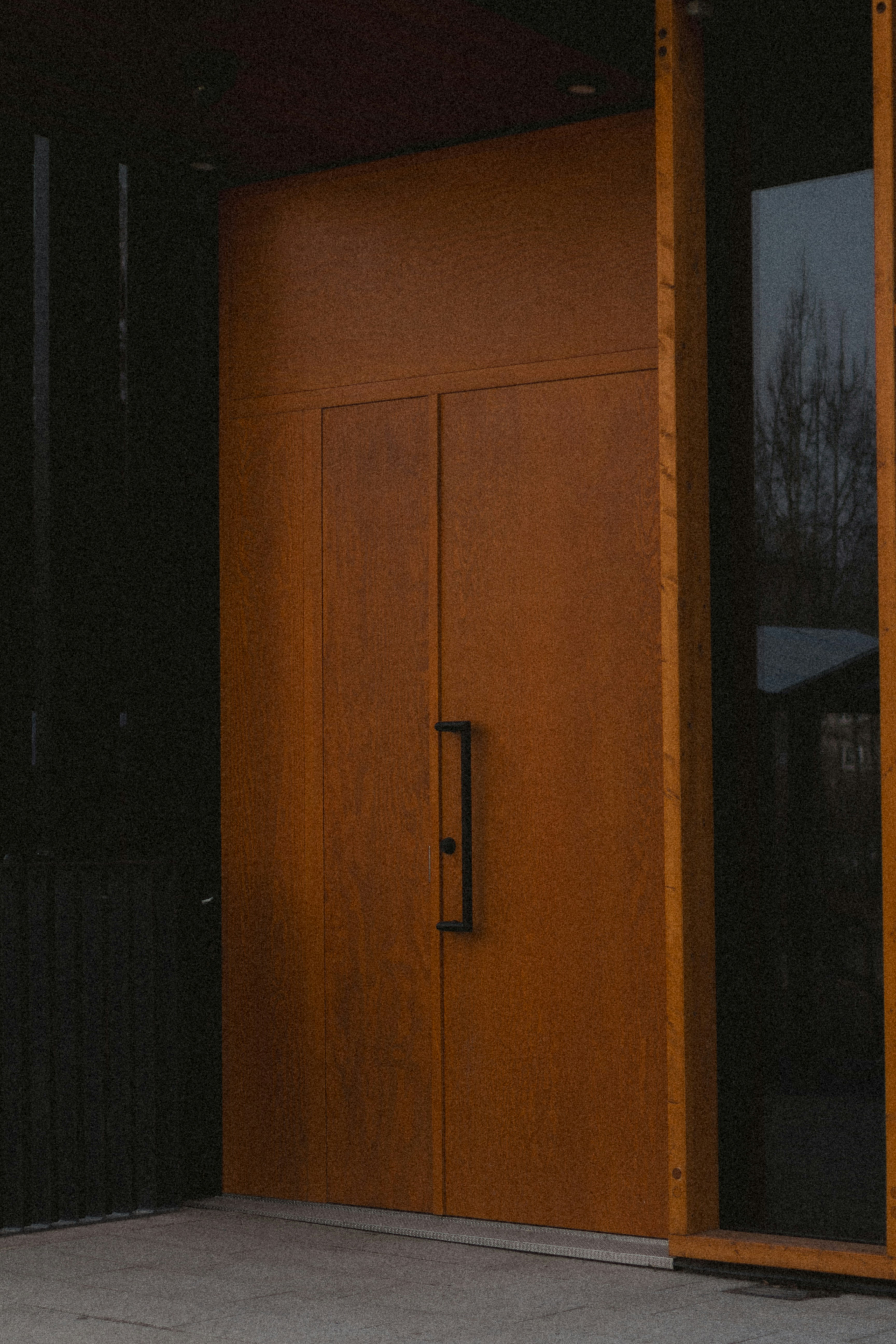 a cat sitting on the ground in front of a wooden door