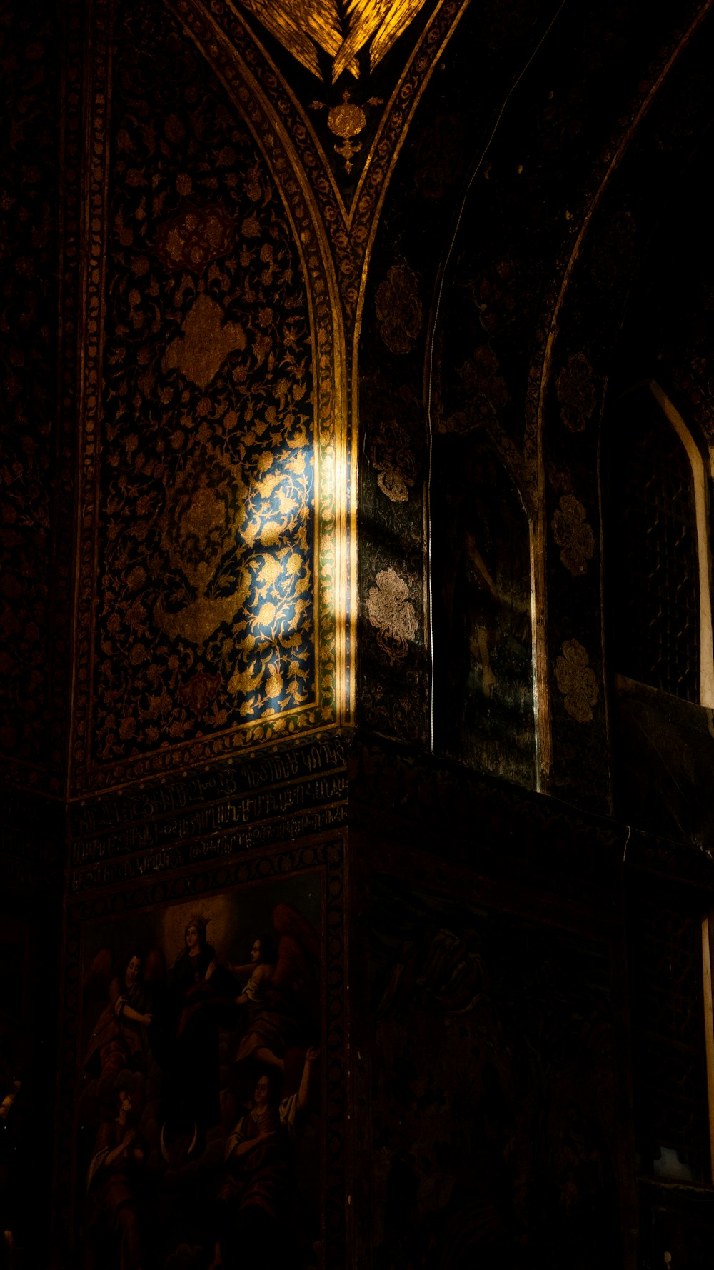 the sunlight is shining through the stained glass window