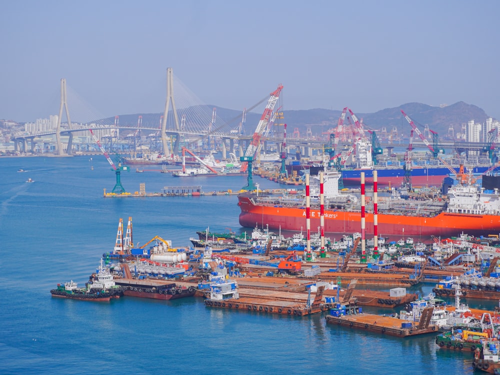 a harbor filled with lots of boats next to a bridge