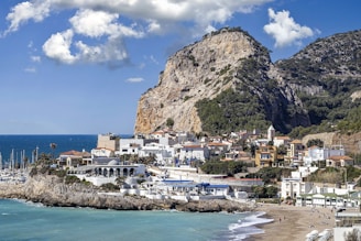 a view of a beach with a mountain in the background