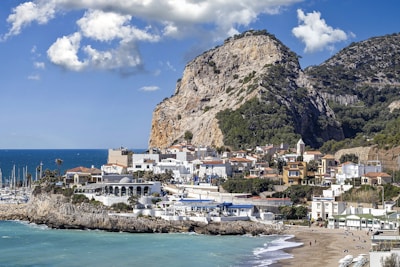 a view of a beach with a mountain in the background