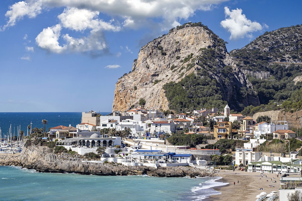 a view of a beach with a mountain in the background