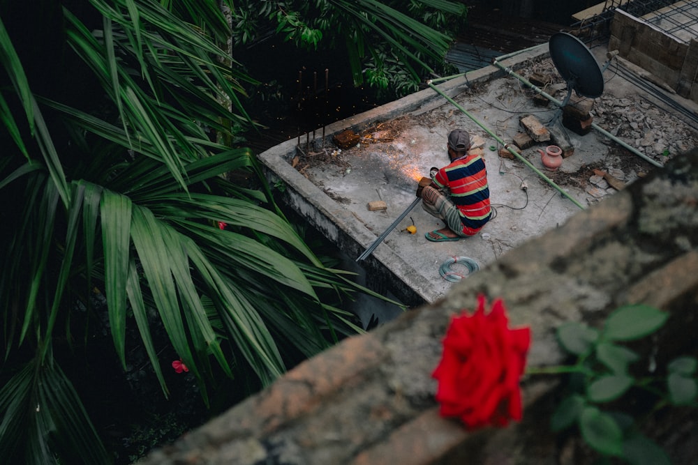 a man sitting on top of a cement slab next to a red flower