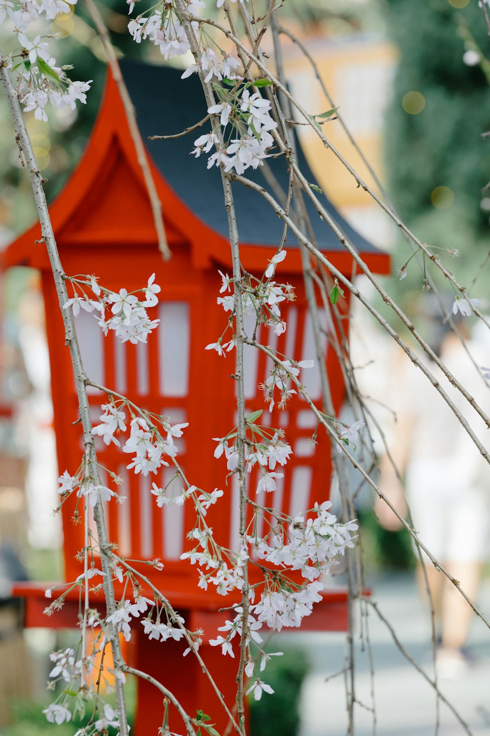 a red birdhouse with white flowers on a tree