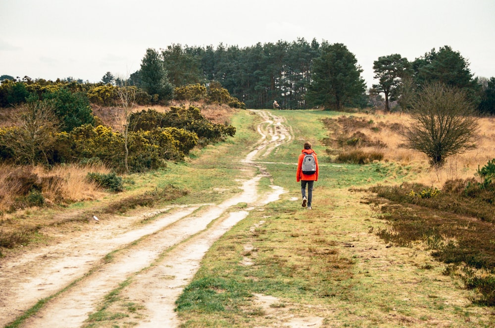 a person walking down a dirt road in a field
