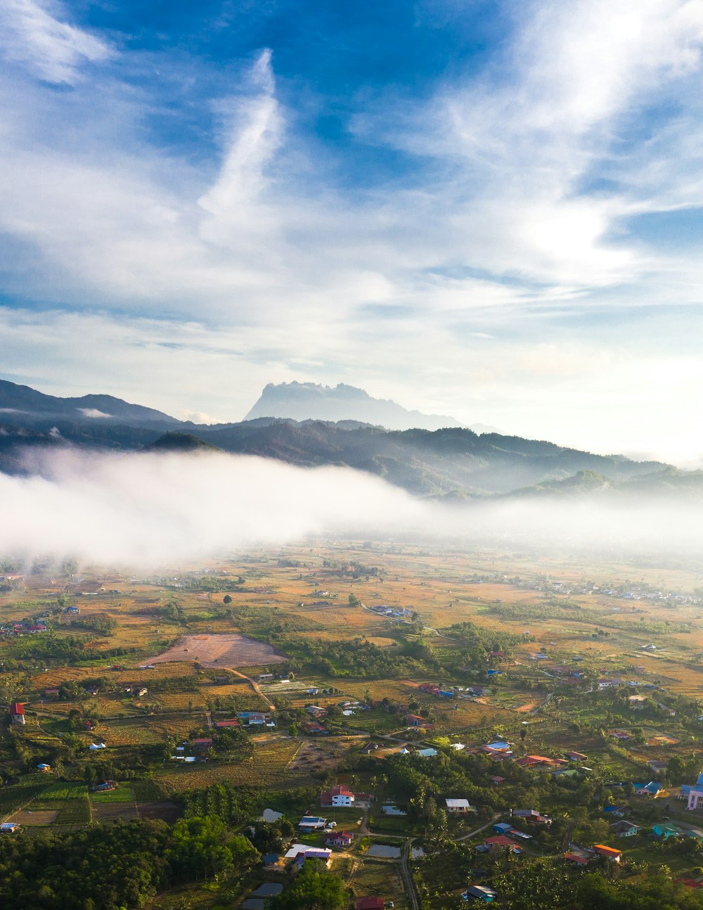 an aerial view of a village in the mountains