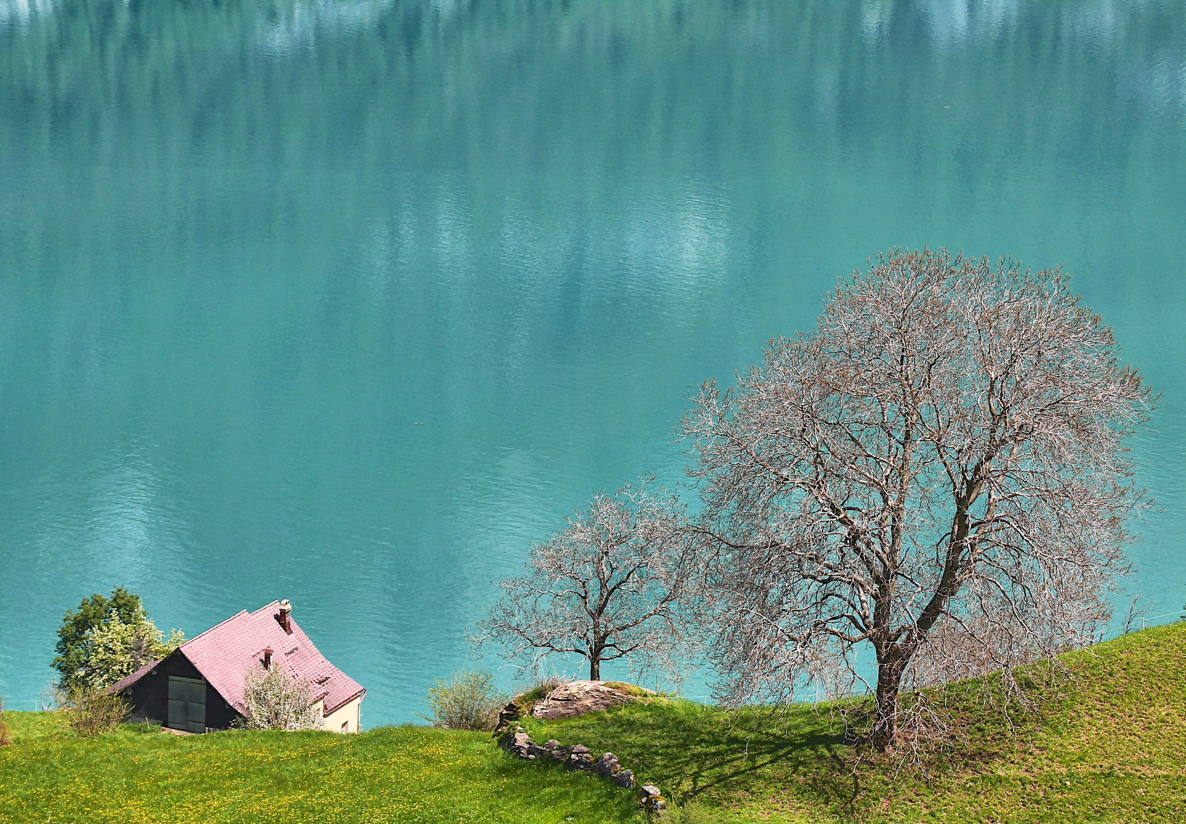 a house on a hill overlooking a lake