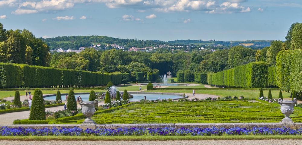 a formal garden with a pond surrounded by blue flowers