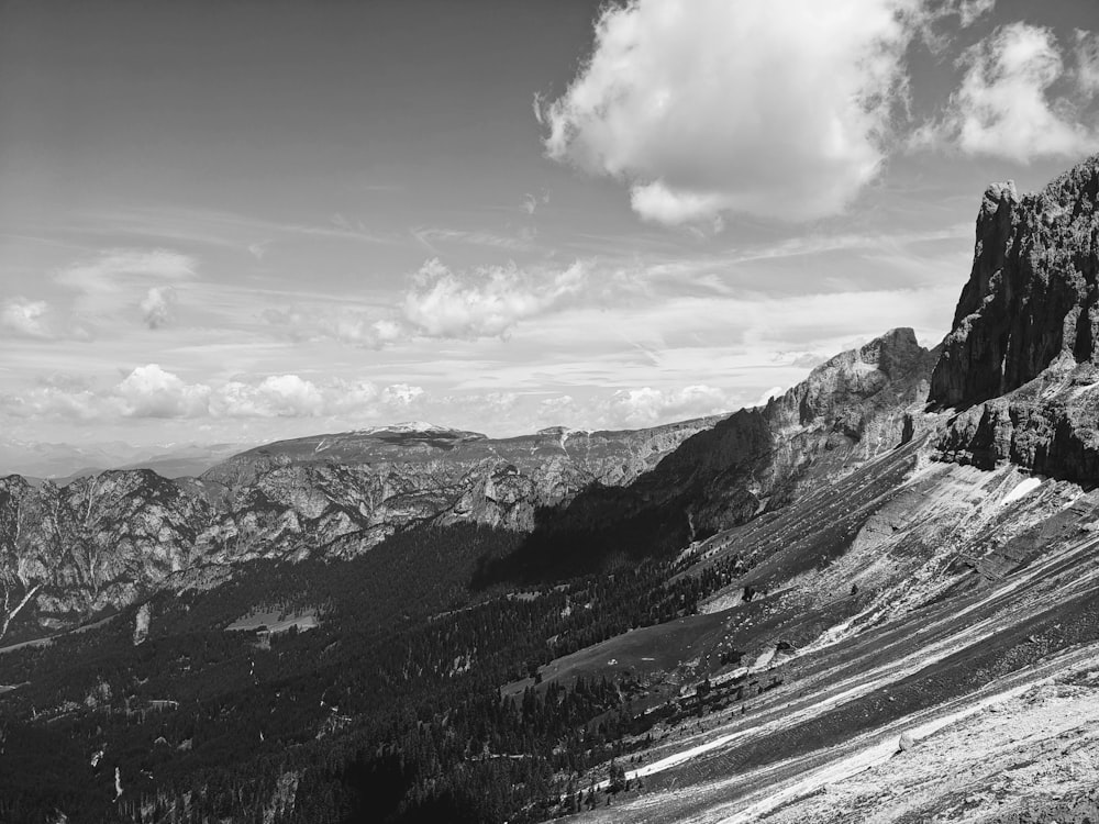 a black and white photo of a mountain range